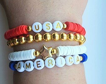 Fourth of July Bracelet-Personalized Name Bracelet for Her-Heishi Beaded Bracelet for 4th of July-America USA Bracelet