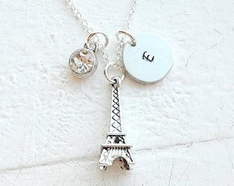 Eiffel Tower Necklace-Eiffel Tower Jewelry for Girls-Personalized Initial and Birthstone-Paris Themed Jewelry for Women