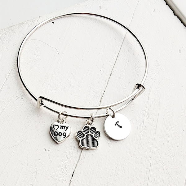 Dog Charm Bracelet, Dog Paw Bangle,  Paw Print Charm, Dog mom bangle, Pet gift ideas, Gift for Animal lover, Personalized initial