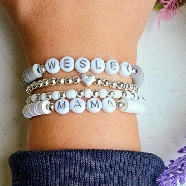 Pulsera de nombre personalizado para mujer-pulsera de palabra personalizada-pulsera de mamá-pulsera de cuentas Heishi-pulsera para mamá-joyería personalizada para mamá