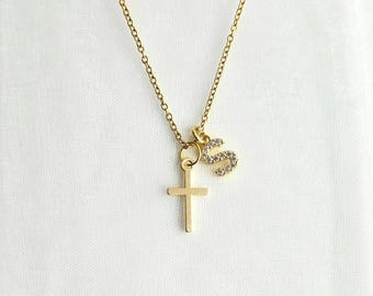 Gold Cross Initial Necklace for Women-Religious Gift-Christian Gifts-Personalized Jewelry