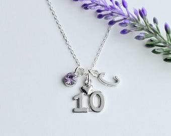 10th Birthday Necklace-Gift for 10 year old-Milestone Birthday Gift for Girl-Initial and Birthstone Necklace