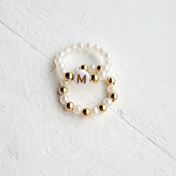 Personalized Initial Ring-Pearl Bead Ring-Stretchy Bead Ring-Initial Ring for Women-Jewelry for Women-Beaded Jewelry