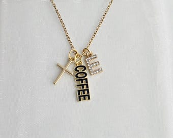 Cross Necklace with Initial-Personalized Christian Gift-Jesus and Coffee Necklace-Faith Gift