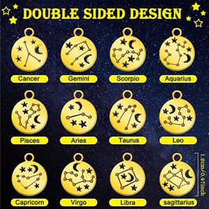 May include: Twelve gold-colored metal charms featuring the zodiac signs. Each charm is double-sided and measures 1.2 inches in diameter. The charms are arranged in three rows of four, with the zodiac sign name printed below each charm.