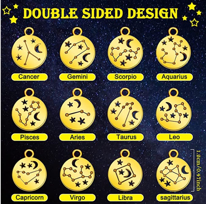 May include: Twelve gold-colored metal charms featuring the zodiac signs. Each charm is double-sided and measures 1.2 inches in diameter. The charms are arranged in three rows of four, with the zodiac sign name printed below each charm.