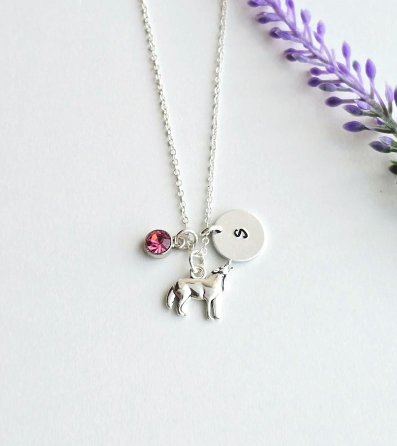 Peut inclure: Collier argent&eacute; avec un charm loup hurlant, une pierre rose et un pendentif circulaire avec la lettre "S". Le collier est pr&eacute;sent&eacute; sur un fond blanc avec une branche de fleurs violettes.