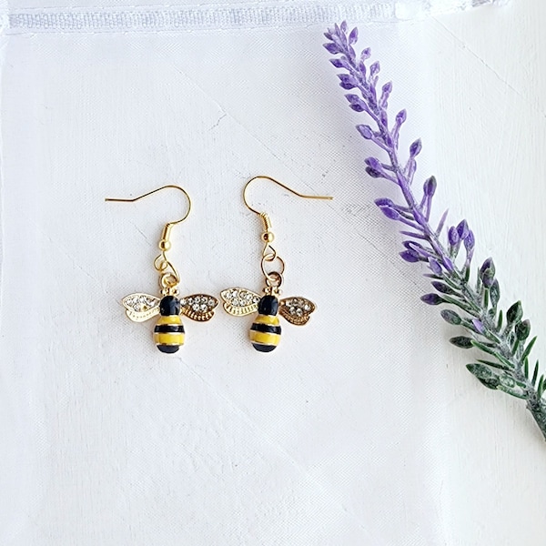 Bumblebee Earrings-Bee Dangle Earrings-Bumblebee Gift-Gold Bee Jewelry-Birthday Gift for her-Honey Bee Earrings