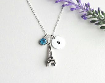 Collier Tour Eiffel - Bijoux Tour Eiffel pour fille - Initiales et pierres de naissance personnalisées - Bijoux sur le thème de Paris pour femme