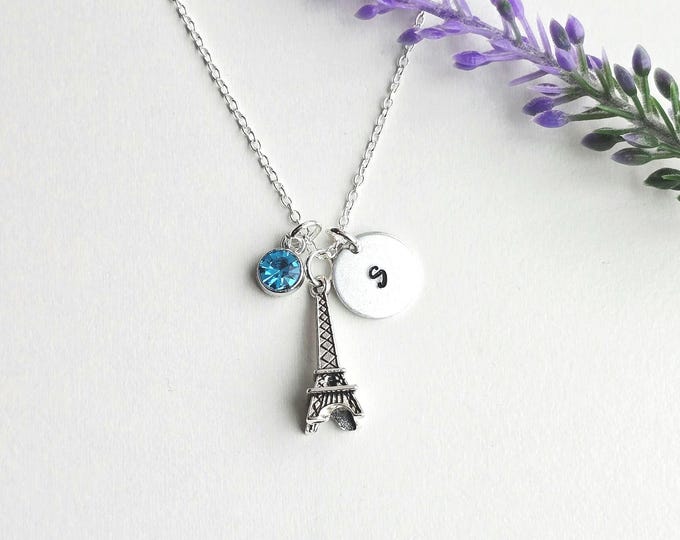 Eiffel Tower Necklace-Eiffel Tower Jewelry for Girls-Personalized Initial and Birthstone-Paris Themed Jewelry for Women