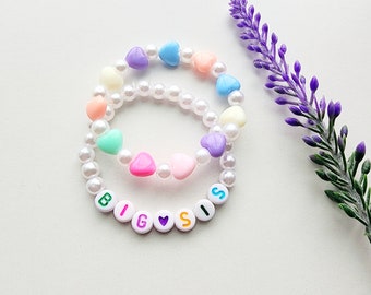 Pulsera de corazón para hermana mayor - Pulsera para hermana - Pulsera con nombre de perla para niñas - Regalo para hermana mayor - Regalo para anuncio de embarazo