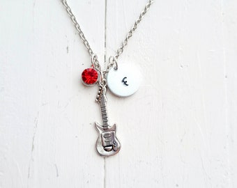 Guitar Necklace-Personalized Initial and Birthstone-Guitarist Necklace-Music lover jewelry-Guitar Player Gift-Musician Necklace-Rock Star