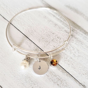 Personalized Initial Bracelet, Personalized Bangle Bracelet, Initial Charm Bracelet, Birthstone Initial Bracelet, Letter Bracelet, Pearl