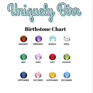 Peut inclure: Sur fond blanc, le texte "Uniquely Birr" et "Birthstone Chart" sont affich&eacute;s. Douze pierres pr&eacute;cieuses color&eacute;es sont dispos&eacute;es en rang&eacute;es, chacune repr&eacute;sentant un mois de janvier &agrave; d&eacute;cembre. Chaque pierre est &eacute;tiquet&eacute;e avec son mois.