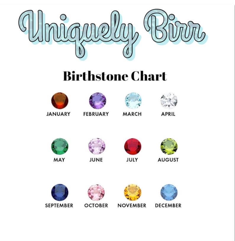 Peut inclure: Sur fond blanc, le texte "Uniquely Birr" et "Birthstone Chart" sont affich&eacute;s. Douze pierres pr&eacute;cieuses color&eacute;es sont dispos&eacute;es en rang&eacute;es, chacune repr&eacute;sentant un mois de janvier &agrave; d&eacute;cembre. Chaque pierre est &eacute;tiquet&eacute;e avec son mois.