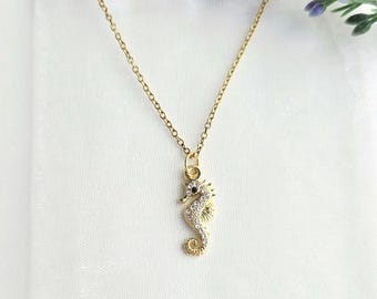 Seahorse Necklace for Women-Beach Jewelry-Initial and Birthstone Necklace-Sea Horse Charm Necklace-Ocean Themed Gift