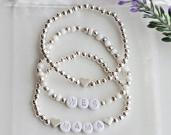 Personalized Name Bracelet: Silver Beaded Bracelet-Mom Bracelet-Gift for Her