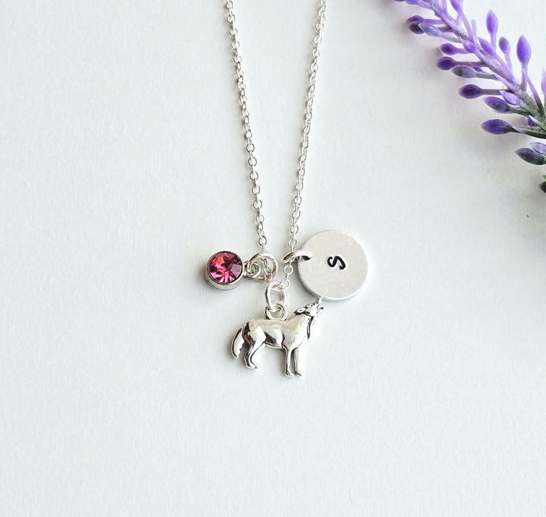 Peut inclure: Un collier argent&eacute; avec un pendentif loup hurlant, une pierre pr&eacute;cieuse rose et un charme circulaire avec la lettre "S". Le collier est suspendu &agrave; une cha&icirc;ne argent&eacute;e. Une branche de fleurs violettes est en arri&egrave;re-plan.