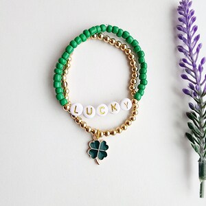 Shamrock Bracelet-St. Patrick&#39;s Day Bracelet-Four Leaf Clover-Bracelet for Girls-Name Bracelet-St.Pattys Day Gift-Shamrock Jewelry