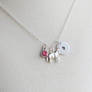 Peut inclure: Collier en argent avec un charm loup hurlant, une pierre rose et un pendentif rond avec la lettre "S". Le collier est pr&eacute;sent&eacute; sur un fond gris clair.