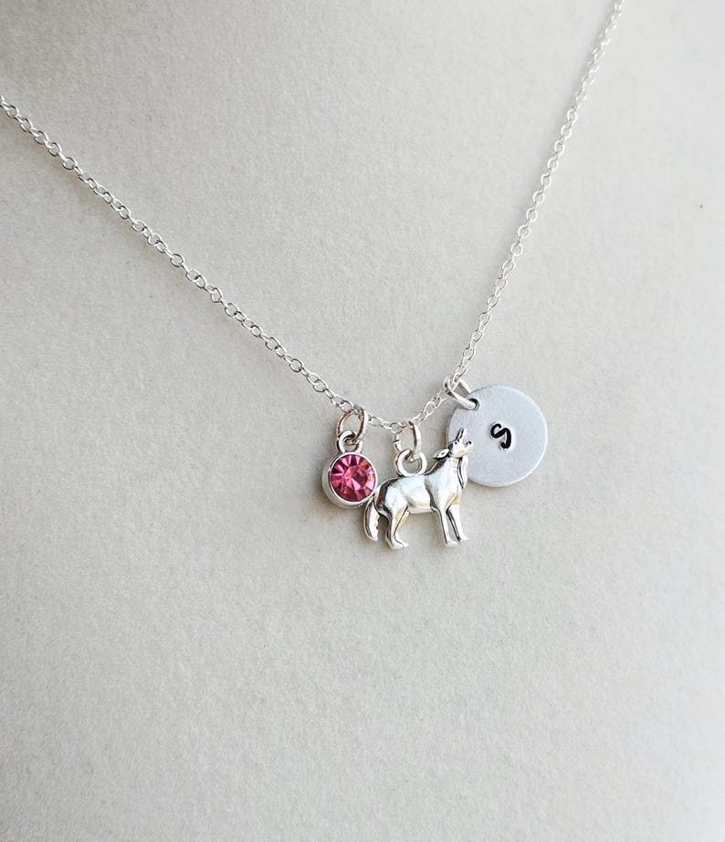 Peut inclure: Collier en argent avec un charm loup hurlant, une pierre rose et un pendentif rond avec la lettre "S". Le collier est pr&eacute;sent&eacute; sur un fond gris clair.