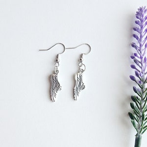 May include: A pair of silver earrings with a shoe charm. The shoes are detailed with lines and have a silver hook.