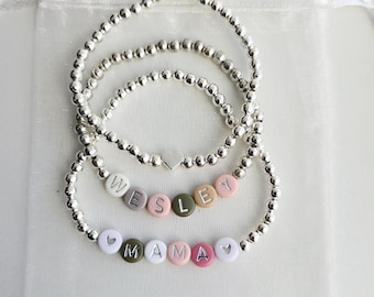 Silver Name Bracelet-Personalized Name Bracelet-Mama Bracelet-Name Bracelet for Women-Word Bracelet-Silver Bracelet-Beaded Bracelet