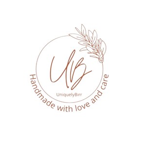 May include: A brown circle logo with the text "Handmade with love and care" surrounding the letters "UB" in a cursive font. The text "UniquelyBirr" appears below the letters. A stylized floral design appears above the letters.