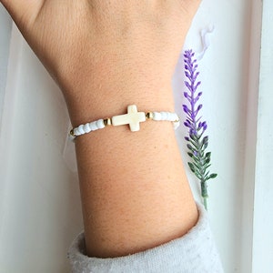 White Stone Cross Bracelet: Religious Beaded Gift