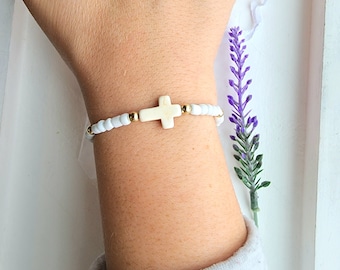 White Stone Cross Bracelet: Religious Beaded Gift