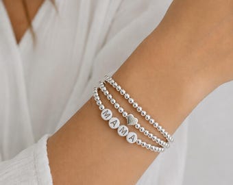 Personalized Name Bracelet: Silver Beaded Bracelet-Mom Bracelet-Gift for Her