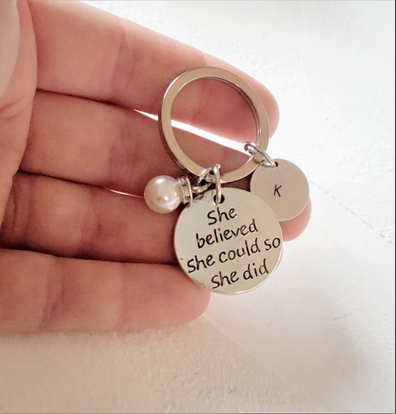 UniquelyBirr Motivational Keychain for Girls, Inspirational Keychain, Personalized Initial Keychain, She Believed She Could So She Did Quote