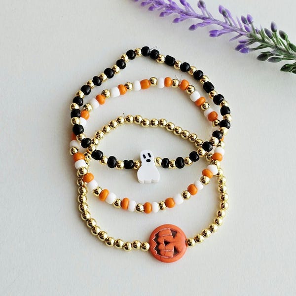 Halloween Beaded Bracelet-Pumpkin Bracelet-Ghost Bracelet-Fall Jewelry-Bracelet for Girls-Bracelet for Women