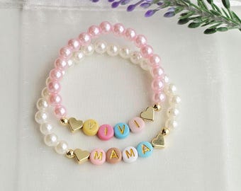 Custom Name Bracelet-Mama Bracelet-Personalized Womens Bracelet- Pearl Bead Bracelet-Colorful Bead Bracelet