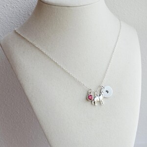 Peut inclure: Un collier argent&eacute; avec trois breloques : une pierre rose, un petit cheval et un charm rond avec la lettre "S". Le collier est pr&eacute;sent&eacute; sur un mannequin blanc.
