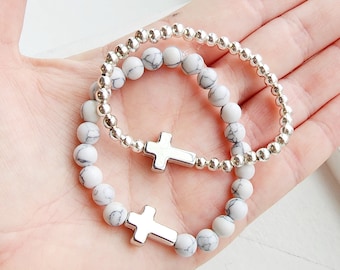 Cross Bracelet-Silver Cross Bracelet-Cross Bead Bracelet-Christian Bracelet for Girls-Easter Bracelet for Women and Girls