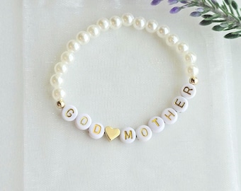Godmother Gifts-Godmother bracelet for women-Pearl Bead Name Bracelet-God Mom Gift