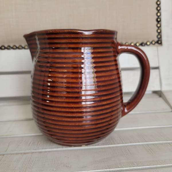 Western Stoneware, Monmouth Pottery, Fall Decor, Ribbed Beehive Design, Maple Leaf Mark, Glazed Brown Pitcher, 1 Quart Pitcher
