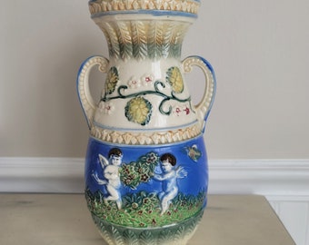 Large Vintage Two Handled Floral Angel Vase/ Cherub Vase Made in Japan/ Cherubs and Angels