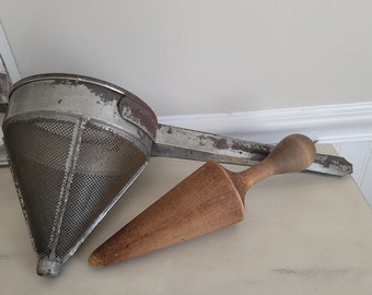 Vintage Cone Strainer/Colander & Wooden Pestle/ Farmhouse Decor
