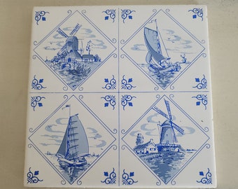 Delft Ceramic Tile, Blue and White Dutch Hotplate, Made in Germany in Saar Region, 4 Dutch Scenes Kitchen/Farmhouse Decor/Wall Hanging
