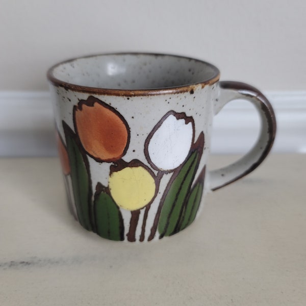 Boho Stoneware Mug/ Rust Orange and Yellow and White Floral Mug | Brown Speckled and Hand Painted | 70's