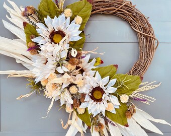 Sunflowers & Corn Husk Fall Autumn Harvest Wreath