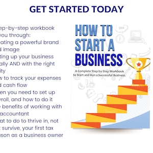 Puede incluir: Una portada de libro azul y amarilla con el título "Cómo iniciar un negocio" y un trofeo dorado en la cima de una escalera. La portada del libro tiene un fondo blanco con ilustraciones de artículos relacionados con los negocios.