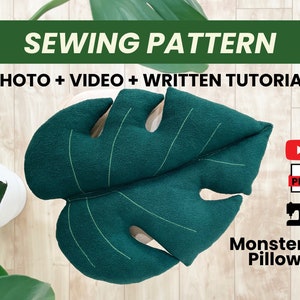 Patron de couture de coussin en peluche de coussin en forme de feuille de Monstera + tutoriel photo, modèle numérique à téléchargement instantané PDF, format lettre US A4 A0, facile à coudre