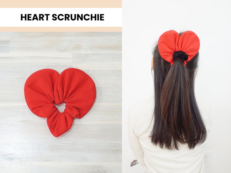 View valentines heart scrunchie worn over hair ponytail