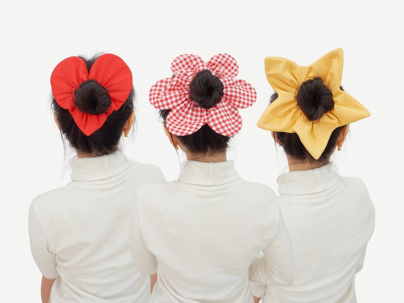 sewing pattern for cute hair scrunchies in flower, star, and heart shapes