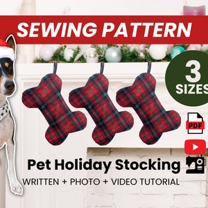 May include: Sewing pattern for a pet holiday stocking in the shape of a bone. The stocking is red and black plaid with white polka dots. The pattern includes three sizes and comes with a written, photo, and video tutorial.