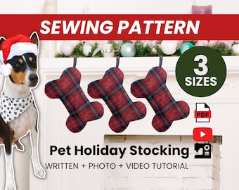 Dog Christmas Stocking, Pet Bone Holiday Stocking (3 sizes), PDF Sewing Pattern, Photo Video Tutorial Written Instructions, INSTANT DOWNLOAD