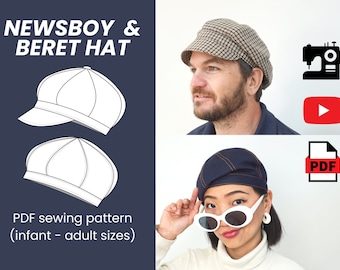 Newsboy Beret Hat PDF Sewing Pattern | Photo & Video Tutorial | Child Teen Adult Unisex 18" - 27" head | A0 A4 US letter | instant download